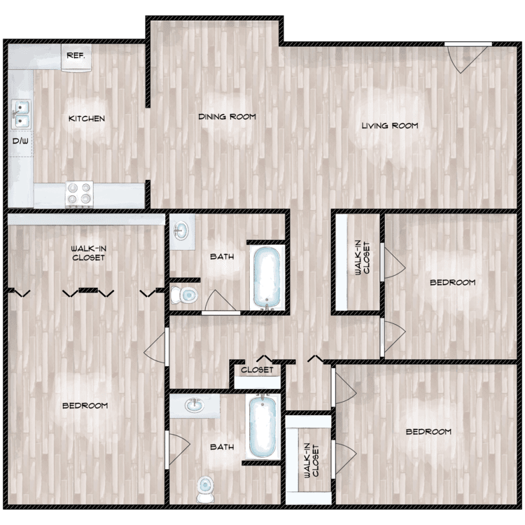 Floor plan for 3 beds, 2 baths, 1250 sqft